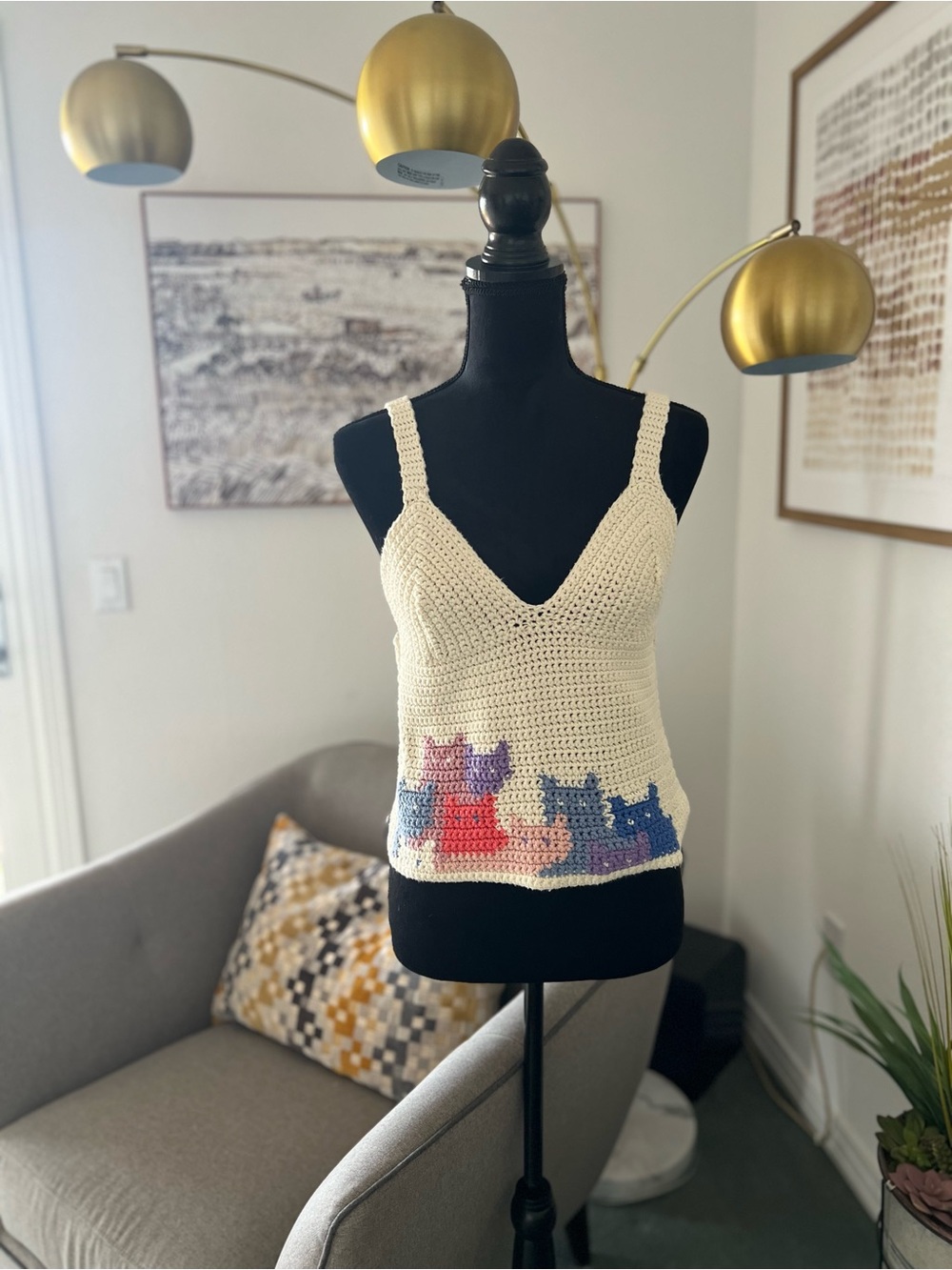 Handmade Cream Crochet Cat Tank Top with Pastel Cat Motif